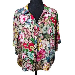 JOHNNY WAS XL Floral Print Silk Short Sleeve Button Up Shirt Top Women's
